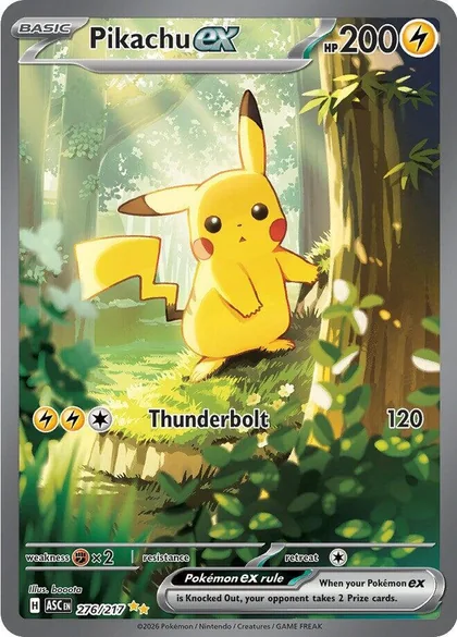 Carta de Pikachu ex, usada como ejemplo para señalar las partes de una carta Pokémon